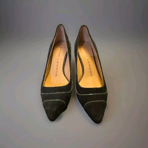 Sacha London Shoes Grey Suede/metallic Piping Leather Pointed Toe Heels Size 6.5 - Picture 1 of 6